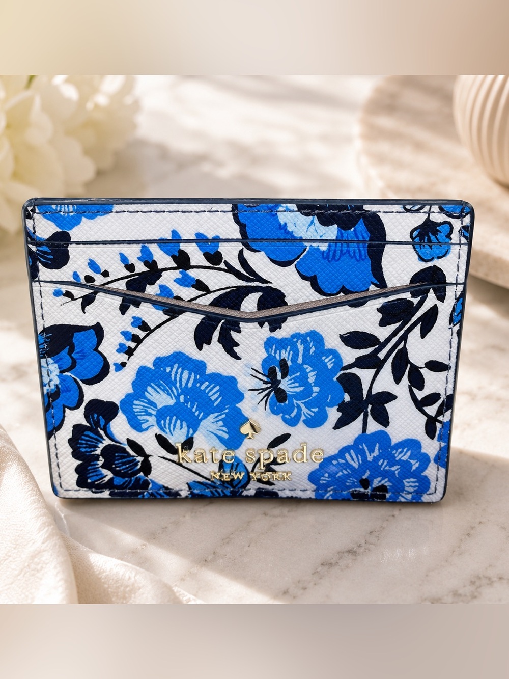 kate spade Blue and Black Floral Card Holder with Gold Logo